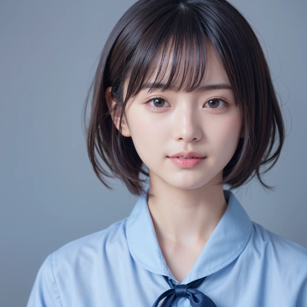 NSFW, (kawaii 24 year-old Japanese girl, Nogizaka idol, Korean idol), (glossy hair, very short hair, bangs:1.3), (beautiful black eyes, rounded face, single eyelid, no makeup:1.4), (embarrassed, noseblush, empty eyes, half opened mouth:1.5), (cum to face, a lot of semen spreaded on face, bukkake:1.5), (wearing suit jacket, collared shirt, necktie:1.3), (extra small breasts:0.9), BREAK, (simple blue background:1.3), (view from forward, bust shot:1.3), BREAK, (masterpiece, best quality, photo realistic, official art:1.4), (UHD, 8K quality wallpaper, high resolution, raw photo, golden ratio:1.3), (shiny skin), professional lighting, physically based rendering, award winning, (highly detailed skin, extremely detailed face and eyes), Carl Zeiss 85 mm F/1.4, depth of field, (1girl, solo:1.3),