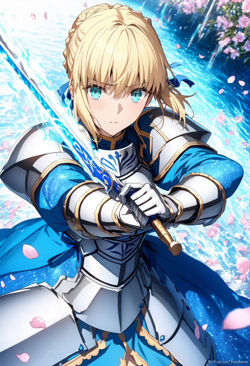 absurdres, highres, ultra detailed, HDR, master piece, Artoria Pendragon, blonde hair tied in a bun, expressive turquoise eyes, Saber, blue dress, extremely beautiful, sexy woman holding a sword, best quality, Fate Grand Order, fantasy, magical, sensual, blue starry sky, glittering, accessories, silver armor, blue ribbon, blue magic, blue flames, water, silver gloves, pink petals