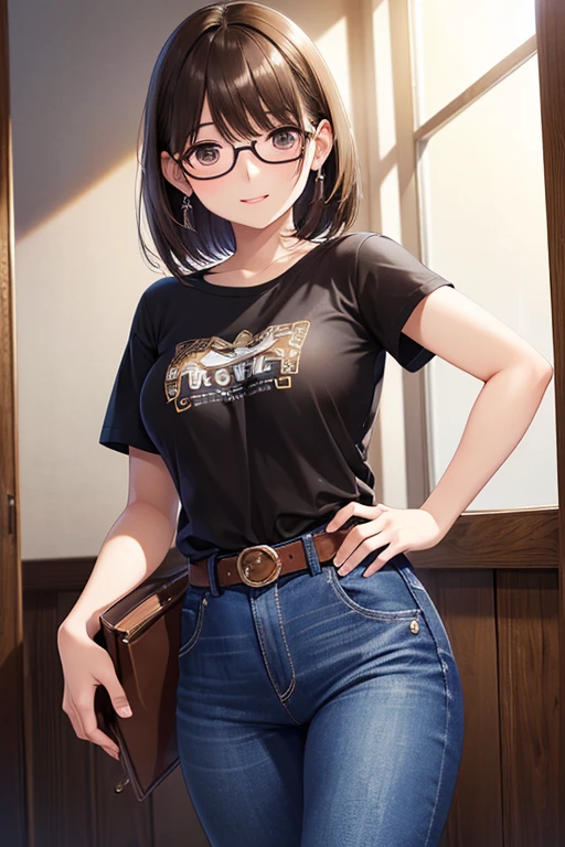 anegasaki nene、Shiny brown hair, Short Hair, (Beautiful brown eyes、Sparkling eyes, Fine grain)、smile、Ultra-detailed eyes、Highly detailed face, Highly detailed eyes,(Cowboy Shot)、




,Glossy lips ,Brown Hair, One girl, Alone, Standing, Black T-shirt, Denim pants, belt, Put glasses on your head,