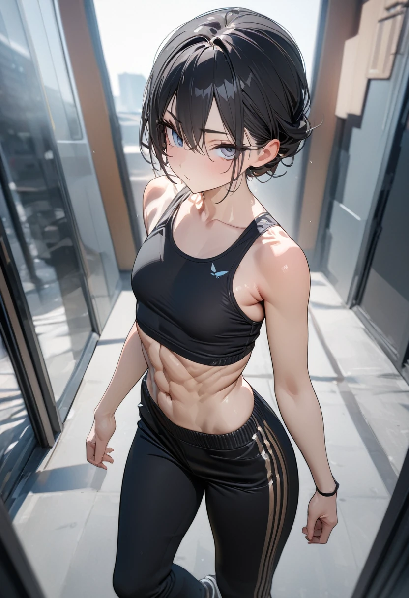  boy, blush cheeks, effeminate, blue colored eyes, short black hair. His skin is clear, he has a thin, muscleless body, thick-thighs. Wearing a black skirt and a short black crop top. In a room.