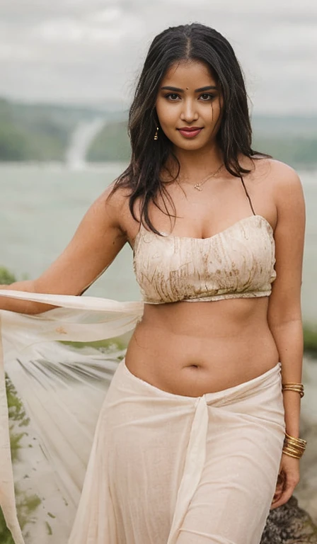 extreme close up photo of sexy indian, front view, curvy, swooping nued big breasts, deep cleavage, wet black transperent lace strapless dress, floating on river, waterfalls, birds, animals, elephant, French braid hair, necklace, subtle smile, seductive eyes, sultry,(slim, long face), slim not chubby