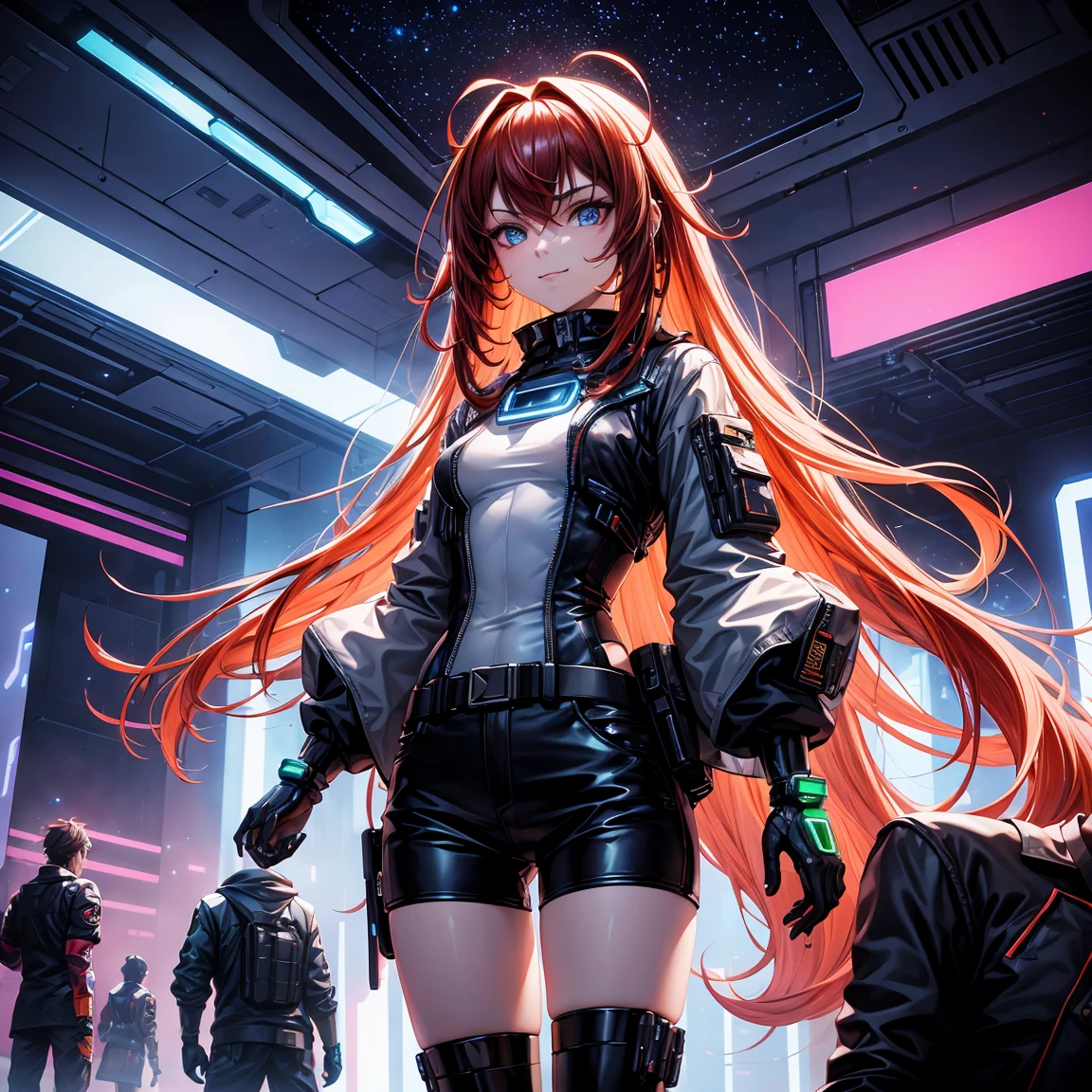 
"friends, a man with dark brown hair, wavy and very short, and a girl with long red hair are floating in a space environment, with a vast landscape of stars in the background. The man, taller than the girl, wears simple style black pants, but complemented by cybernetic details in neon yellow and metallic plates, creating a futuristic look inspired by the cyberpunk universe, similar to the design of the game &#39;Super Sus&#39;. He wears a costume inspired by a &#39;cybernetic bee&#39;, with a futuristic and robust touch. His personality is unknown and he is punching the air, as if you were warming up or training in zero gravity.

The girl, smaller in stature, wear a long shirt, white and cybernetic, that goes down to the thighs, with short shorts, plus futuristic accessories that glow in neon blue hues. His hacking style is highlighted by electronic devices floating around him., highlighting his smiling and somewhat eccentric personality. Both characters are in the spotlight, with the height difference clearly marked and the focus entirely on them. The clothes and the environment refer to the futuristic and immersive style of &#39;Super Sus&#39;, giving it an innovative and cyberpunk look."