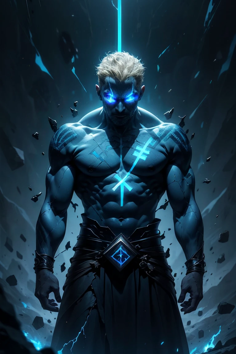 (masterpiece, realistic, best quality, beautiful and aesthetic, extremely detailed), (dark fantasy:1.4) (rough male dark mage, short blond hair, blue eyes), (body covered in glowing runic tattoo, (glowing runes:1.4)), covered in scars, sleeveless, ((demonized hand, detailed glowing eyes, casting spell)), (in underworld, hell, dark scene), standing in dark shadow, dynamic pose, (dark blue theme:1.3), (blue energy magic swirling around:1.3), cinematic lighting, r1ge, dark blue glow, cracks, glowing cracks, cracked skin, shattered skin, fractured skin, broken skin, detailed face, (detailed weathered skin), (solo:1.3), (1male:1.4), (elegant, intricate, digital photography, high quality, CG, 4k, extremely detailed, sharp, HDR),