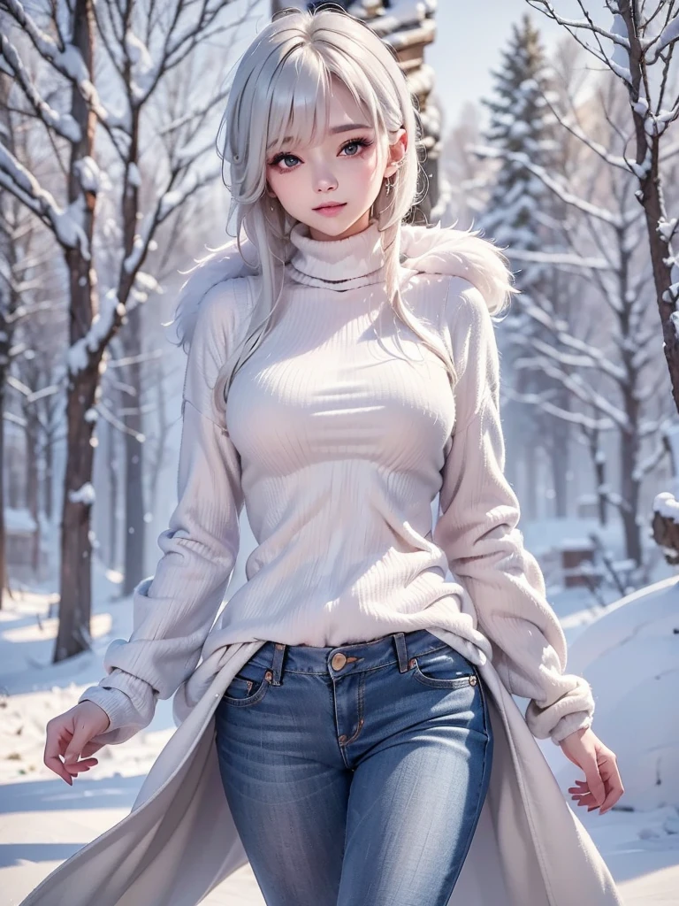 masterpiece:1.5, high quality. 1girl, turtleneck sweater, sideboob, denim short pants, pantyhose, white hair, fur white coat, medium breasts, bright skin. background: winter ruins, snow fall. ダイナミックなポーズ
