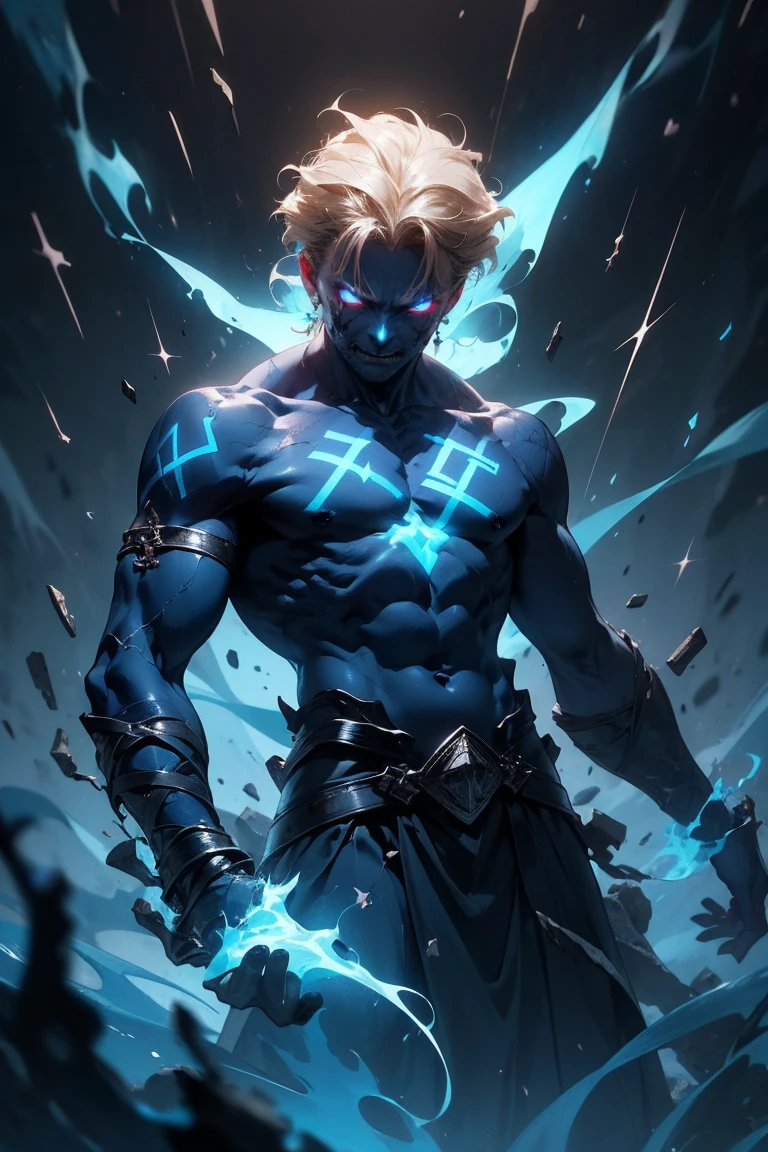 (masterpiece, realistic, best quality, beautiful and aesthetic, extremely detailed), (dark fantasy:1.4) (rough male dark mage, short blond hair, blue eyes), (body covered in glowing runic tattoo, (glowing runes:1.4)), covered in scars, sleeveless, ((demonized hand, detailed glowing eyes, casting spell)), (in underworld, hell, dark scene), standing in dark shadow, dynamic pose, (dark blue theme:1.3), (blue energy magic swirling around:1.3), cinematic lighting, r1ge, dark blue glow, cracks, glowing cracks, cracked skin, shattered skin, fractured skin, broken skin, detailed face, (detailed weathered skin), (solo:1.3), (1male:1.4), (elegant, intricate, digital photography, high quality, CG, 4k, extremely detailed, sharp, HDR),