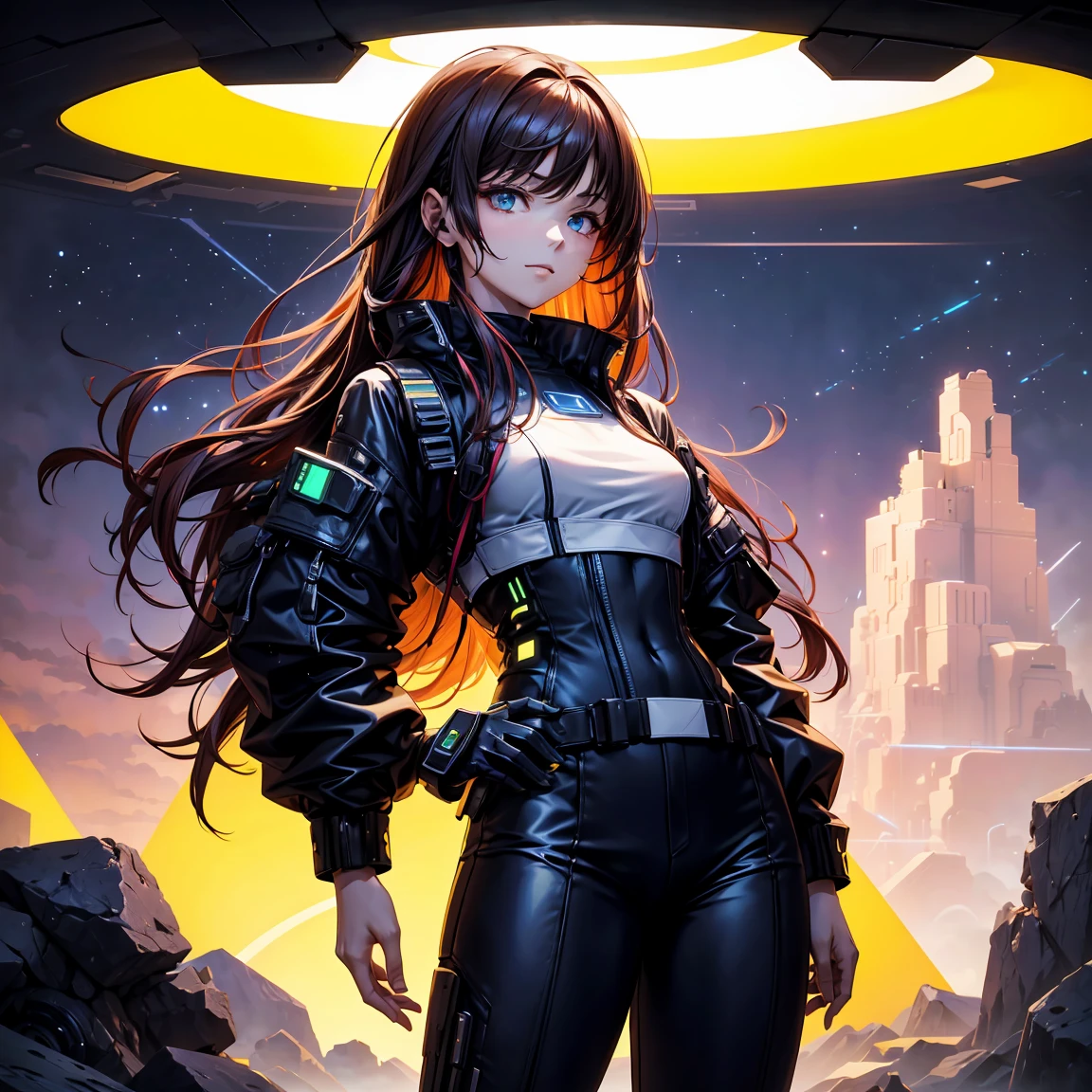 
"friends, a man with dark brown hair, wavy and very short, and a girl with long red hair are floating in a space environment, with a vast landscape of stars in the background. The man, taller than the girl, wears simple style black pants, but complemented by cybernetic details in neon yellow and metallic plates, creating a futuristic look inspired by the cyberpunk universe, similar to the design of the game &#39;Super Sus&#39;. He wears a costume inspired by a &#39;cybernetic bee&#39;, with a futuristic and robust touch. His personality is unknown and he is punching the air, as if you were warming up or training in zero gravity.

The girl, smaller in stature, wear a long shirt, white and cybernetic, that goes down to the thighs, with short shorts, plus futuristic accessories that glow in neon blue hues. His hacking style is highlighted by electronic devices floating around him., highlighting his smiling and somewhat eccentric personality. Both characters are in the spotlight, with the height difference clearly marked and the focus entirely on them. The clothes and the environment refer to the futuristic and immersive style of &#39;Super Sus&#39;, giving it an innovative and cyberpunk look,( 1 MAN AND 1 WOMAN SIDE BY SIDE).