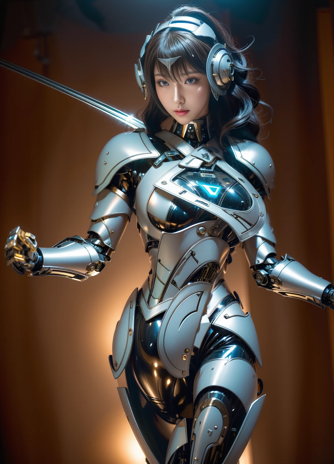 Super Detail, High Detail, high quality, best quality, High resolution，a robot valkyrie，Beautiful female robot,beautiful clear face(Rain waves_haneame：1.5)，Mechanical body(Smooth metal surface，armor，Mechanical seams of skin，beautiful body curves)，Valkyrie Armor(Mechanical Technology，Highlight breast contour)，beautiful body curves，Holding a silver sword in hand，handsome pose