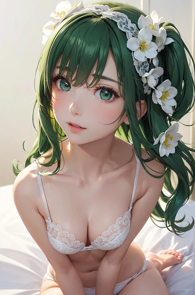 (Best Quality,High resolution,8K,finelity detailed background,Masterpiece:1.2),beautiful girl,Shiny green hair,messy hair,Green Eyes,Gentle look,A refreshing look,Best quality,Best Quality,Aesthetic and aesthetic:1.2,Best details((Super detailed))(High-definition CG illustrations),Dark gray underwear (gray,intricate lace),Slender body,Late Night,Moonlit Night,Bedroom,On the bed,smile,blush,cute,Scrounge,Looking up,Being spoiled,super model,on back,shoot from above