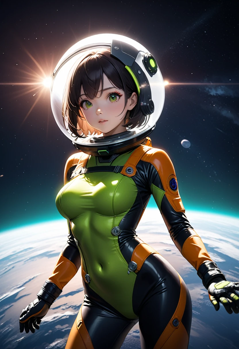 Short Hair,Black Hair,Eyeliner,(Astronaut, girl,  Reinforced Suit, ((green:1.5) Plug Suit), Short Hair, Cinematic Light, Medium sized breasts, Covered navel, Space Helmet, Space Helm, Eva Helmet, (Show your hand:1.6), (hold one&#39;s head:1.7), Upper Body,Place your hands on your head