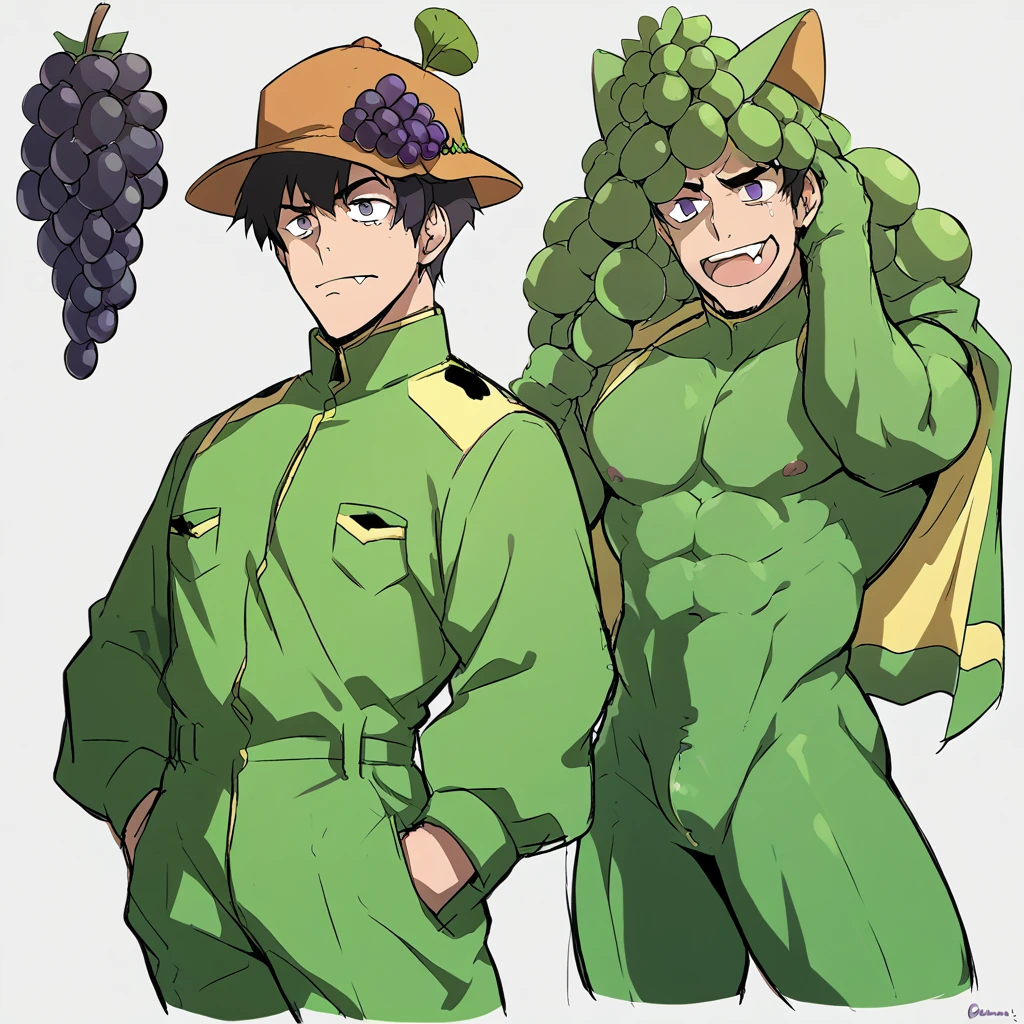 score_9, score_8_up, score_7_up, score_6_up, rating explicit, focus male, source anime, character sheet, circle of eyes, grape, grape ornament on hat, men, fang, man, 8k, super detail, best quality, jumpsuit, green blouse, grape man, manly, muscular, hat, character sheet, detailed face , best quality, character design, sketch.