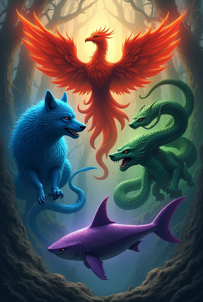 Phoenix Wolves 4 animals, a phoenix red, wolf blue, green snake and purple shark ...