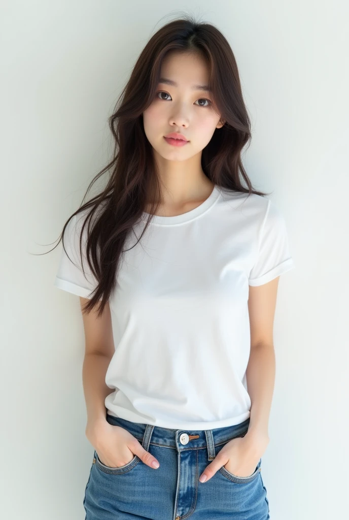 Beautiful Korean girl with long hair wearing a plain white shirt with the inscription the queen&#39;s of bangtan on the front, long hair wearing jeans and the back of a Hyundai car