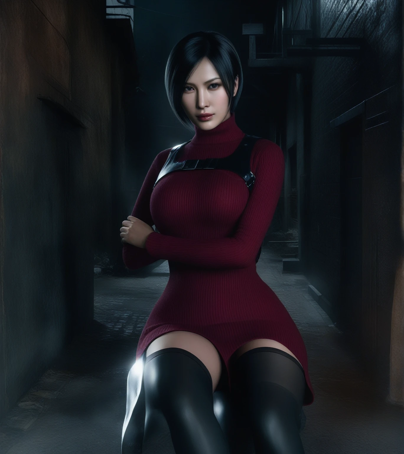 Ultra-realistic extremely detailed real life 8k masterpiece of a gorgeous asian woman re ada wong wearing black pantyhose re4 style dress in a dark alley at night, extremely detailed facial features, dark scary epic lighting, horror composition