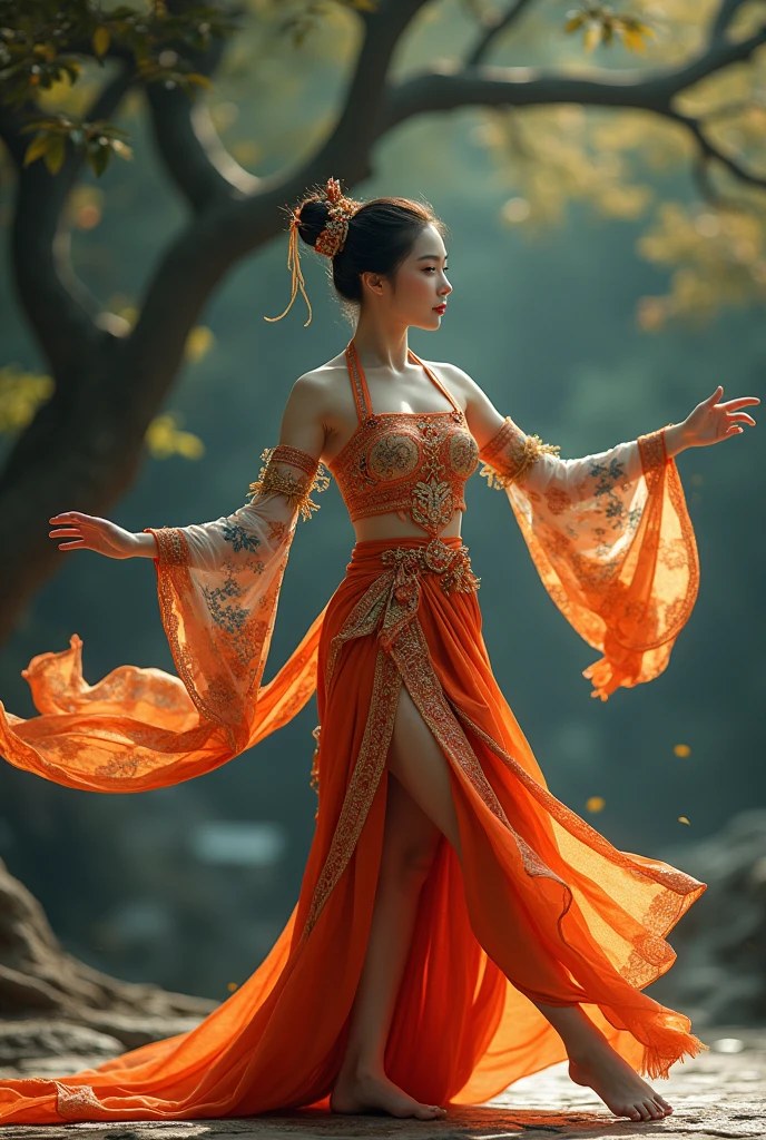 An ancient Chinese beauty, charming temperament, flowing long skirt, clear face, beautiful eyes, osmanthus surrounding, perfect body structure proportional masterpiece, super detailed, epic composition, color tattoo art, new traditional tattoo art, SD tattoo design, color tattoo art, mysterious warm and friendly atmosphere, hyper-realistic painting, super HD, high quality, highest quality, 32k --v 6