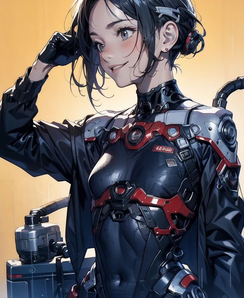 scenery、rain、1 girl、Alone、Moderate bust、Upper Body、Face close-up、smile、ruanyi0152、(Yellow background)、ruanyi0238、Blue glowing parts、cable、Machinery Parts、Long black hair、Short Hair、whole body、Best Quality、masterpiece、High resolution、Dynamic pose、Model standing、Official Art、Highly detailed CG Unity 8k wallpaper、Carrying a large flying unit。