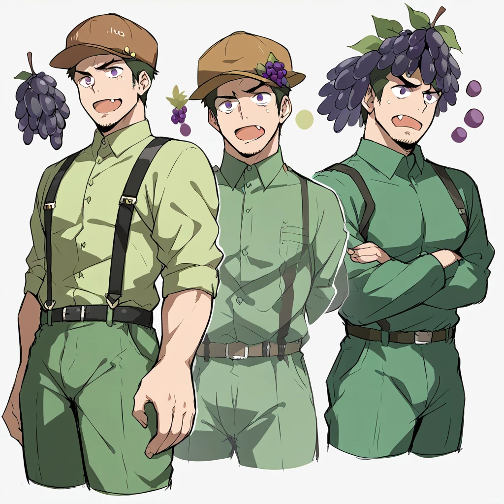 score_9, score_8_up, score_7_up, score_6_up, rating explicit, focus male, source anime, character sheet, circle of eyes, grape, grape ornament on hat, men, fang, man, 8k, super detail, best quality, suspenders, many expressions, jumpsuit, green blouse, grape man, manly, muscular, hat, character sheet, detailed face , best quality, character design, sketch.