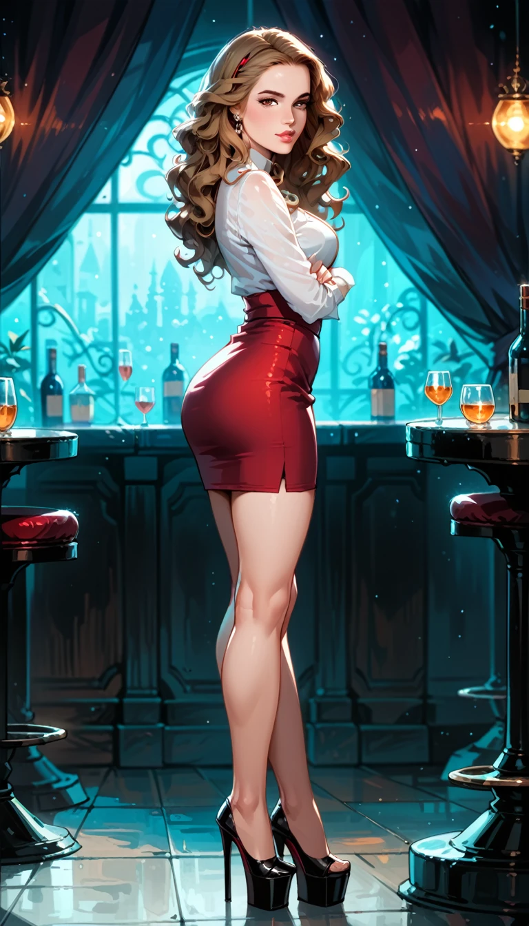 Dark Fantasy Art of score_9, score_8_up, score_7_up, rating_questionable, fantasy, lighting, epiCPhoto 1girl, very sexy (Hermione Ganger, cartoon of hrmgrgr, long wavy hair, light brown hair, brown eyes:1.1), beautiful waifu, short tight skirt, standing in nightclub, long legs, platform heels, round butt, thicc, (legs crossed:1.3), solo, cute, flirt, gaze, sexy look, half-closed eyes, head tilt, filled lips, thick lips, makeup, modelling shoot, sexy pose, dark, moody, dark fantasy style.