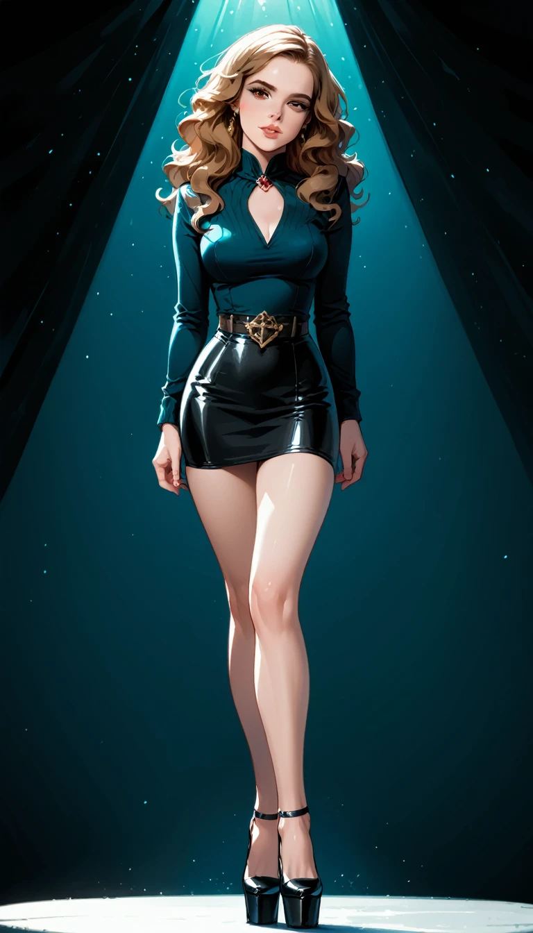 Dark Fantasy Art of score_9, score_8_up, score_7_up, rating_questionable, fantasy, lighting, epiCPhoto 1girl, very sexy (Hermione Ganger, cartoon of hrmgrgr, long wavy hair, light brown hair, brown eyes:1.1), beautiful waifu, short tight skirt, standing in nightclub, long legs, platform heels, round butt, thicc, (legs crossed:1.3), solo, cute, flirt, gaze, sexy look, half-closed eyes, head tilt, filled lips, thick lips, makeup, modelling shoot, sexy pose, dark, moody, dark fantasy style.