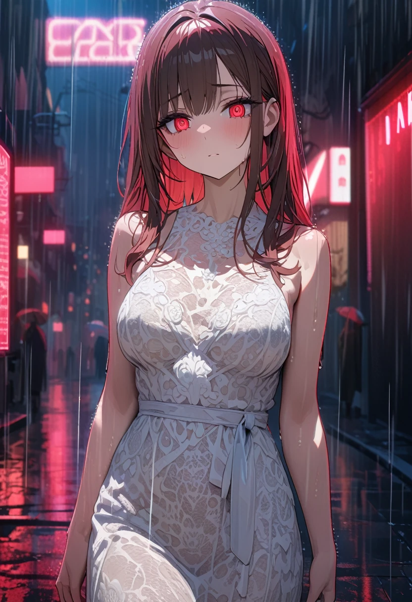 ((Highest quality, 8K, lace maxi dress, Standing in the rain, Red Light District, Highly detailed face and skin texture, Fine grain, double eyelid.)