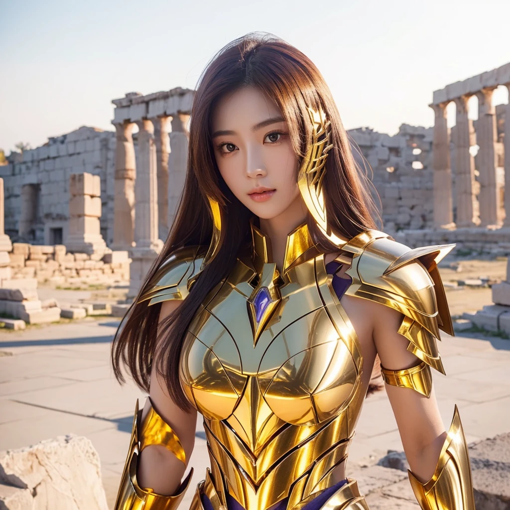 ((1woman))) Beautiful Korean girl, Ultra-realistic photoshoot with cutting-edge details by Camus, Greek ruins backdrop. Shiny golden metal armor, saint seiya armor, (((Cancer armor))), sexy armor, Long purple hair, Lively pose, Beautiful, symmetrical light brown eyes with details, Beautiful face with details, Cancel armor