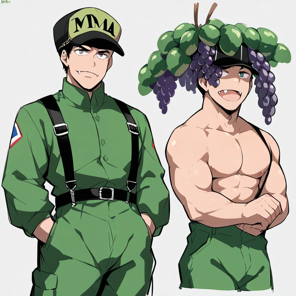 score_9, score_8_up, score_7_up, score_6_up, rating explicit, focus male, source anime, character sheet, circle of eyes, grape, grape ornament on hat, men, fang, man, 8k, super detail, best quality, jumpsuit, green blouse, grape man, manly, muscular, hat, character sheet, detailed face , best quality, character design, sketch.