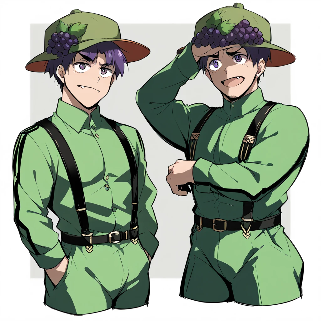 score_9, score_8_up, score_7_up, score_6_up, rating explicit, focus male, source anime, character sheet, circle of eyes, grape, grape ornament on hat, men, fang, man, 8k, super detail, best quality, suspenders, many expressions, jumpsuit, green blouse, grape man, manly, muscular, hat, concept art, detailed face , best quality, character design, sketch.