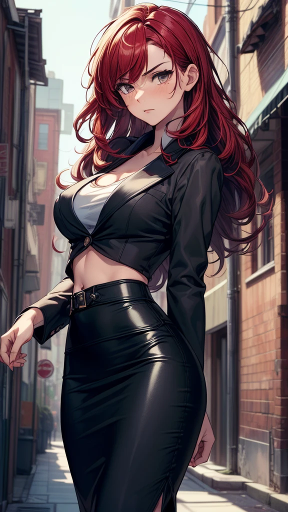 1girl, full body, solo, summer, village, trees, sun, clouds, ((colorful hair)), long hair, curly hair, ponytail, large breasts, ((black blazer)), button down shirt, ((white shirt)), ((short sleeved shirt)), ((unbuttoned shirt)), unbuttoning buttons, cleavage 1:3, brown eyes, skirt, smile, looking at the viewer, standing, hair ribbon, golden necklate