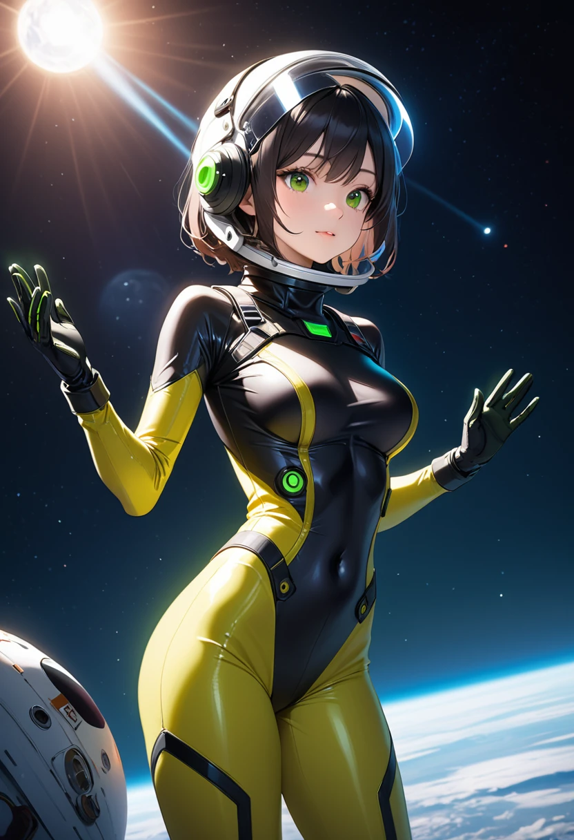 Short Hair,Black Hair,Eyeliner,(Astronaut, girl,  Reinforced Suit, ((green:1.5) Plug Suit), Short Hair, Cinematic Light, Medium sized breasts, Covered navel, Eva Helmet, (Show your hand:1.6), (hold one&#39;s head:1.7), Upper Body,Place your hands on your head