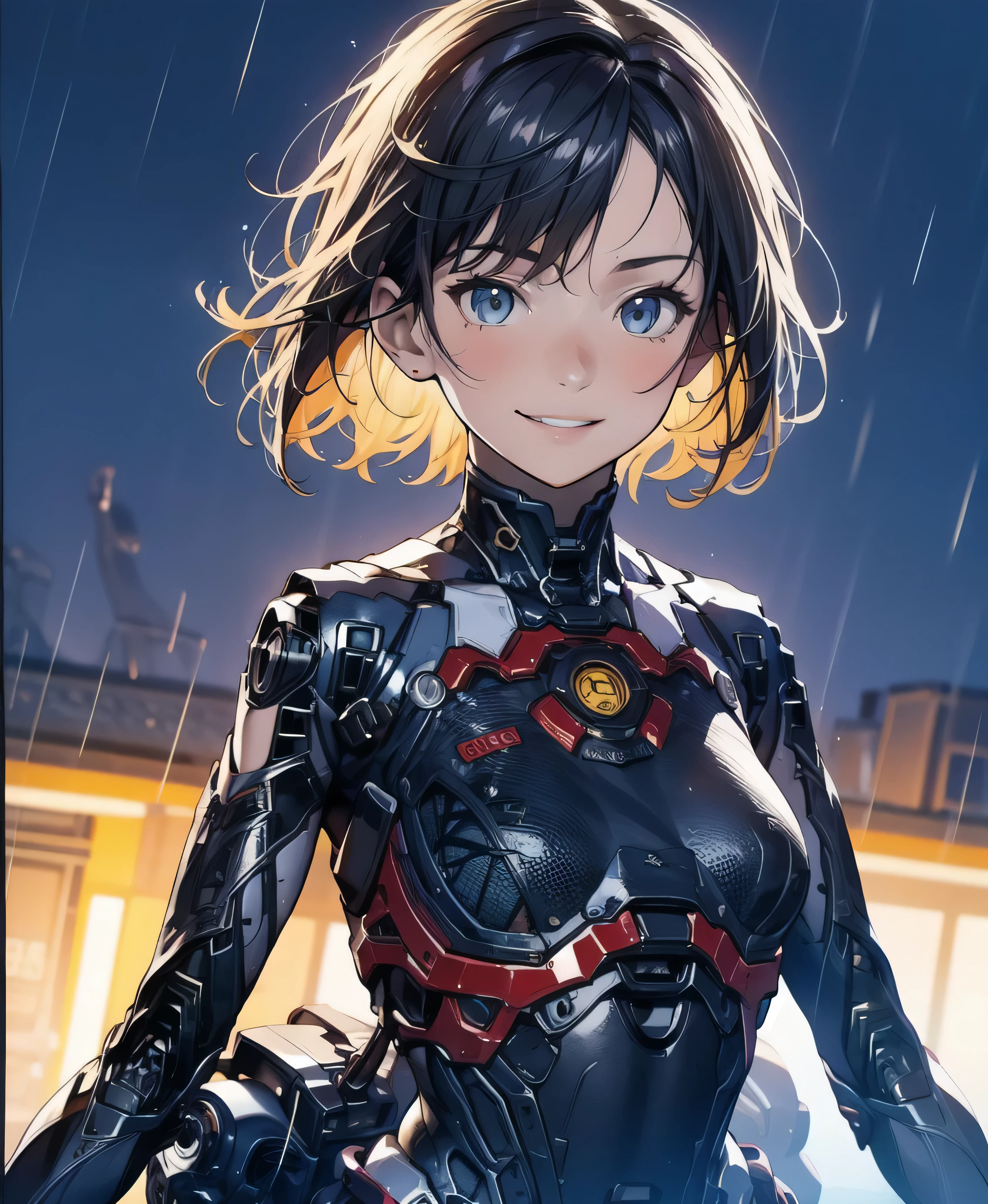 scenery、rain、1 girl、Alone、Moderate bust、Upper Body、Face close-up、smile、ruanyi0152、(Yellow background)、ruanyi0238、Blue glowing parts、cable、Machinery Parts、Long black hair、Short Hair、whole body、Best Quality、masterpiece、High resolution、Dynamic pose、Model standing、Official Art、Highly detailed CG Unity 8k wallpaper、Carrying a large flying unit。