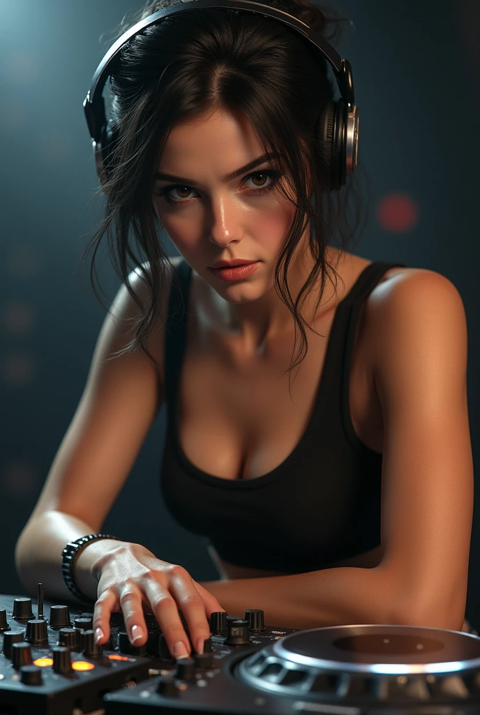 ssdarts a female dj with headphones, performing live on stage, sweaty body, glistening skin, wet hair, dynamic performance, dark athmosphere, Hyper-Realistic, Hyper-Detailed, best quality masterpiece, photorealistic, detailed, sharp focus, 8k, HDR, shallow depth of field, broad light, high contrast, backlighting, bloom, chromatic aberration, sharp focus,Artgerm, Greg Rutkowski, 35mm