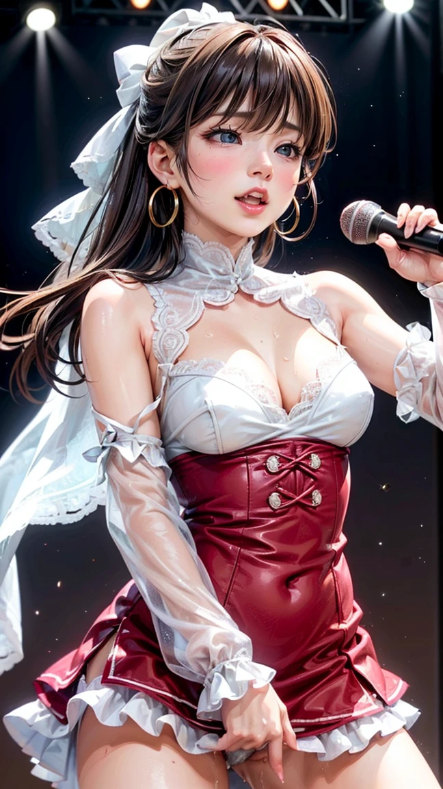 最high quality、high quality、best image quality、8k、最High resolution、High resolution、最high quality、masterpiece、RAW photo、whole body写真、Realistic human body in every detail、Realistic skin in every detail、Realistic face in every detail、Realistic eyes in every detail、Realistic lips in every detail、Realistic teeth in every detail、Realistic ears down to the last detail、Realistic hair down to the last detail、Realistic arms down to the last detail、Realistic reproduction of every detail、Realistic fingers in every detail、(fine hands、thumb１reference４)、Realistic feet in every detail、((beautiful japanese girl))、(japanese model)、((18 year old beautiful girl))、(black hair)、(straight hair)、((whole body))、((Upward beautiful breasts、Medium chest))、(slim style、slender style)、(whole body光沢肌、Fair skin)、Detailed and realistic human body、detailed realistic skin、detailed realistic face、detailed realistic arms、detailed realistic fingers、Detailed realistic feet、professional lighting、big stage venue、large concert venue、on stage、on stage、Idol、singer、((See-through(Costumes with frills))、((on stage(sing using a microphone))、angle from below、(Lots of galleries、large audience)