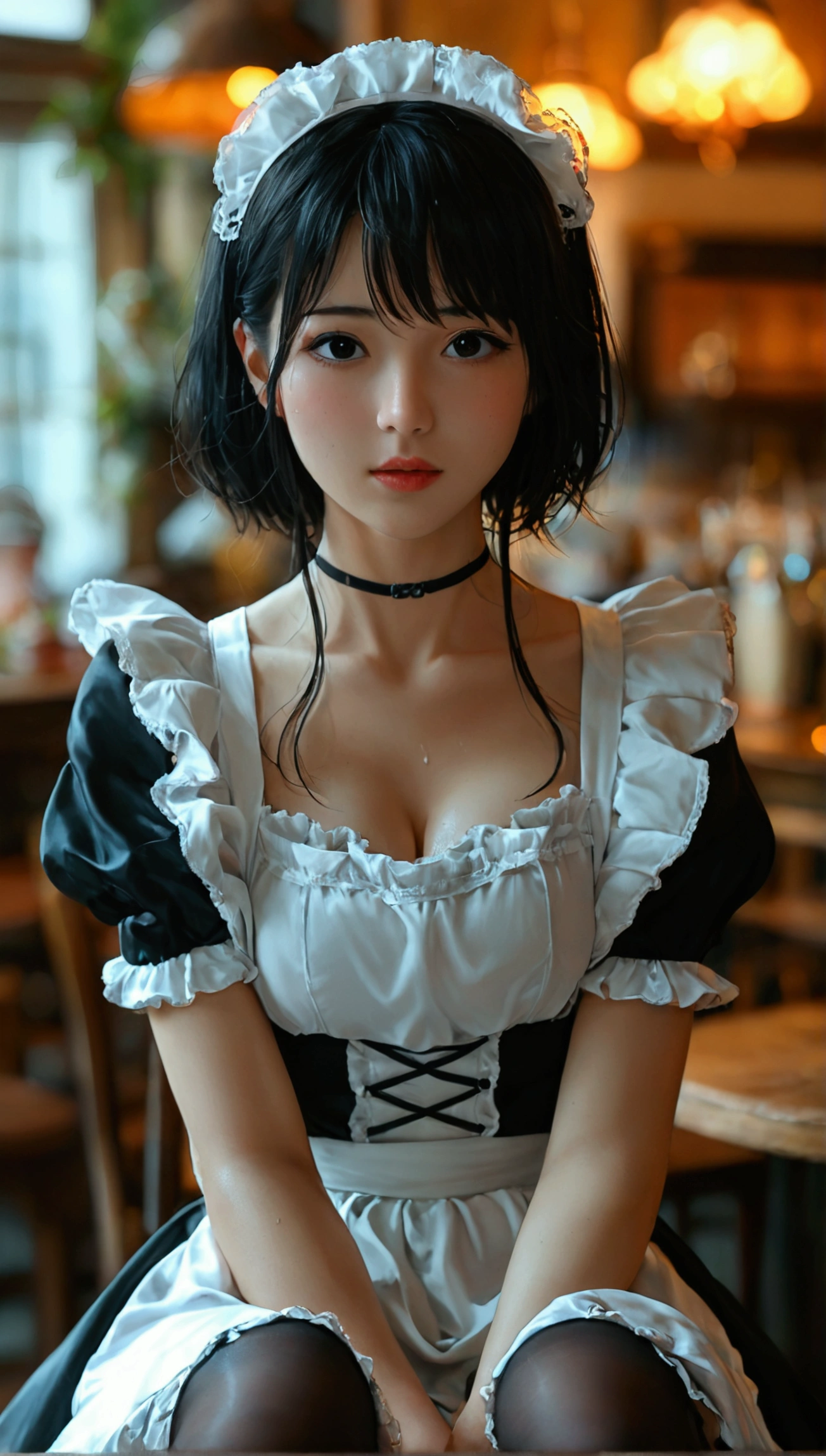 high quality, best quality, high resolution, 4k, high definition, beautiful lighting, highly detailed face, female, female focus, solo focus,ctgtl2,black hair,black eyes,long hair,closed mouth, 1girl, solo, breasts, looking at viewer, blush, open mouth, middle part, large breasts, simple background, cafe background, dress, cleavage, sitting, full body, short sleeves, thighs, sweat, shoes, puffy sleeves, shiny, hand up, black footwear, apron, black dress, high heels, puffy short sleeves, legs, shiny skin, maid, maid headdress, black panties, bare legs, chair, short dress, from above, frilled dress, crossed legs,bangs