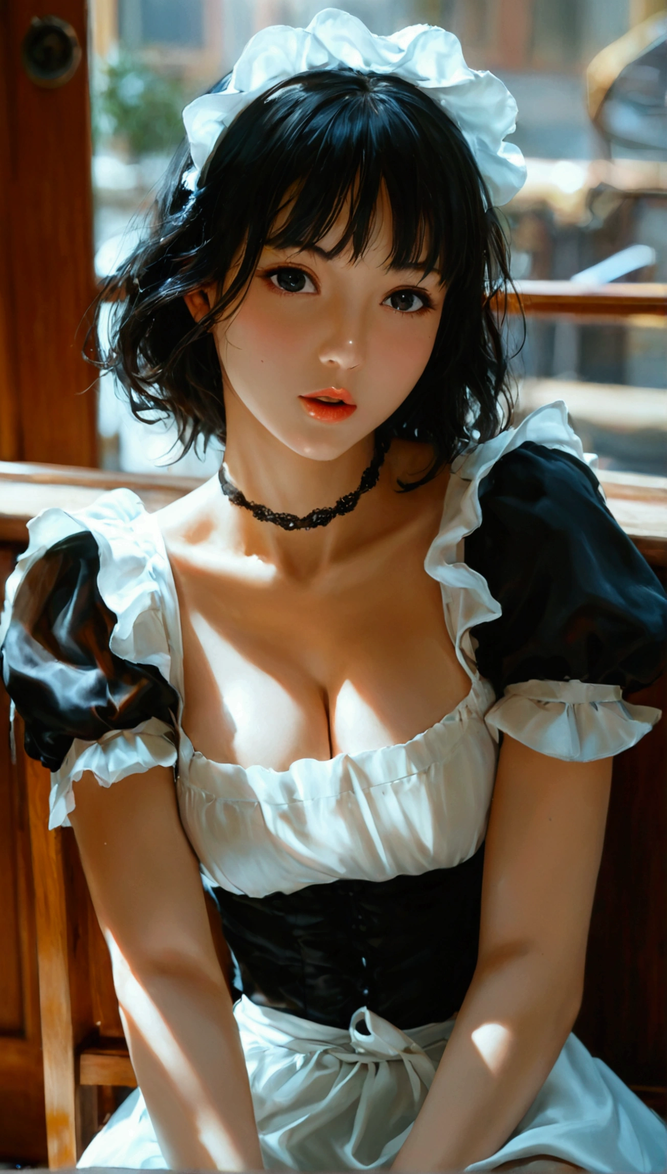 (Absurdly , high quality , Super detailed:1.2 ) ,( Handcrafted details ) , (Highly detailed beautiful face:1.4),masterpiece, Highest quality, High resolution, Absurd, 8K, 4K, Official Art,, , (flat_color:0.9),, , One girl, big_chest, Maid clothes, 灰colorの髪の毛, , ,  ((Natural big breasts:1.2))