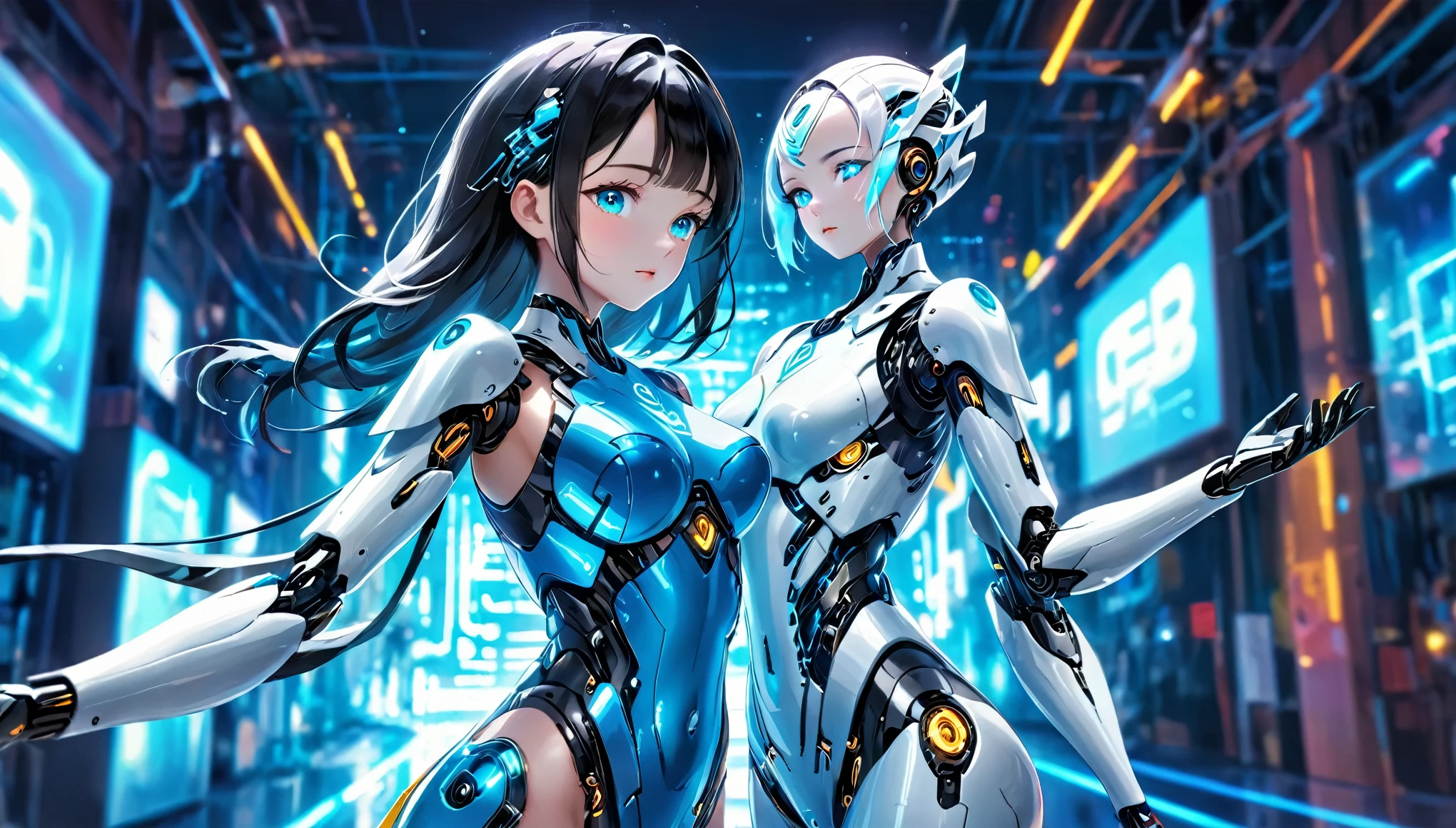 Elaborate CG Unity 8K wallpapers, masterpiece, highest quality, highest resolution, distinct_image): (Dynamic angle, solo, Japan face, girl with short black hair, full body, small breasts, sparkling black eyes, flight suit in white and blue color, tight fit clothes, clothes covering full body, beauty, slim body, exoskeleton, smile)