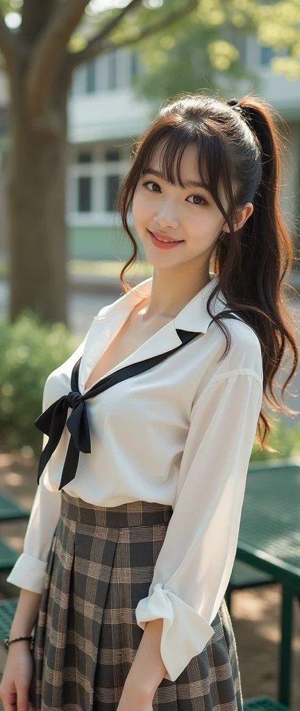 ((1 solo girl: 1.10)), (RAW photo, best quality, master piece: 1.45), (very detailed), (detailed and beautiful eyes), (detailed face), ((1girl: 1.5)),、((I can see white pants))、(Crouching panty shots)、double eyelid、beautiful eyelashes、beautiful and fine eyes、super detailed、High resolution、Super beauty、highest quality、masterpiece、(Japanese girls' high school uniform))、very detailed expression、 school classroom、21 year old girl、positive、((dynamic pose)))、(Sit straight with your knees bent))、pleated mini skirt、ribbon:1,2、 sexy upper eyes、slight smile、Low - Angle、Close-up of a woman posing for a photo, japanese model model, 、4k、big breasts、brown hair、((long ponytail))、(White sheer blouse:1.3), (Super cute face with idol style:1.3)、slim and beautiful body、beautiful breasts、Full body Esbian、beautiful feet、sexy pose、NSFW