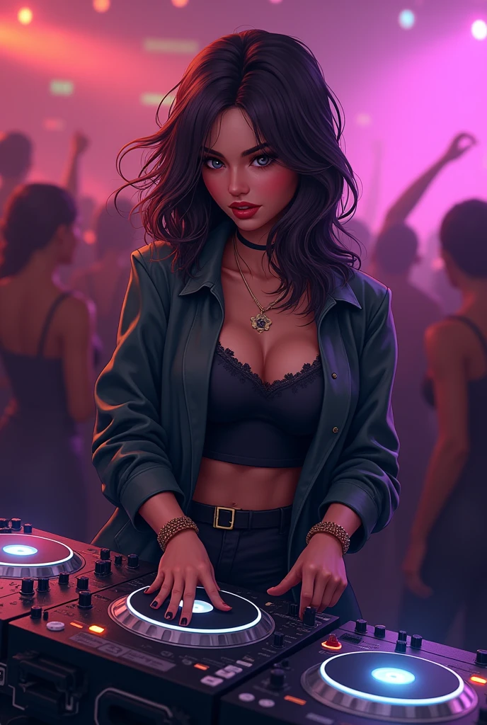 provocative latin brazilian woman, wearing shiny sexy clothes, short jeans, Fishnet, with jewelry, com Fishnet stockings, Fishnet socks, provocative smile looking at the viewer, shorts jeans, Flying hair, and a mischievous, evil smile. She must wear bright red lipstick and hold a microphone.. The setting is a nightclub, with lots of colorful lights. Use detailed lighting to highlight your curves and expression, combining anime and comic book style with the best art quality