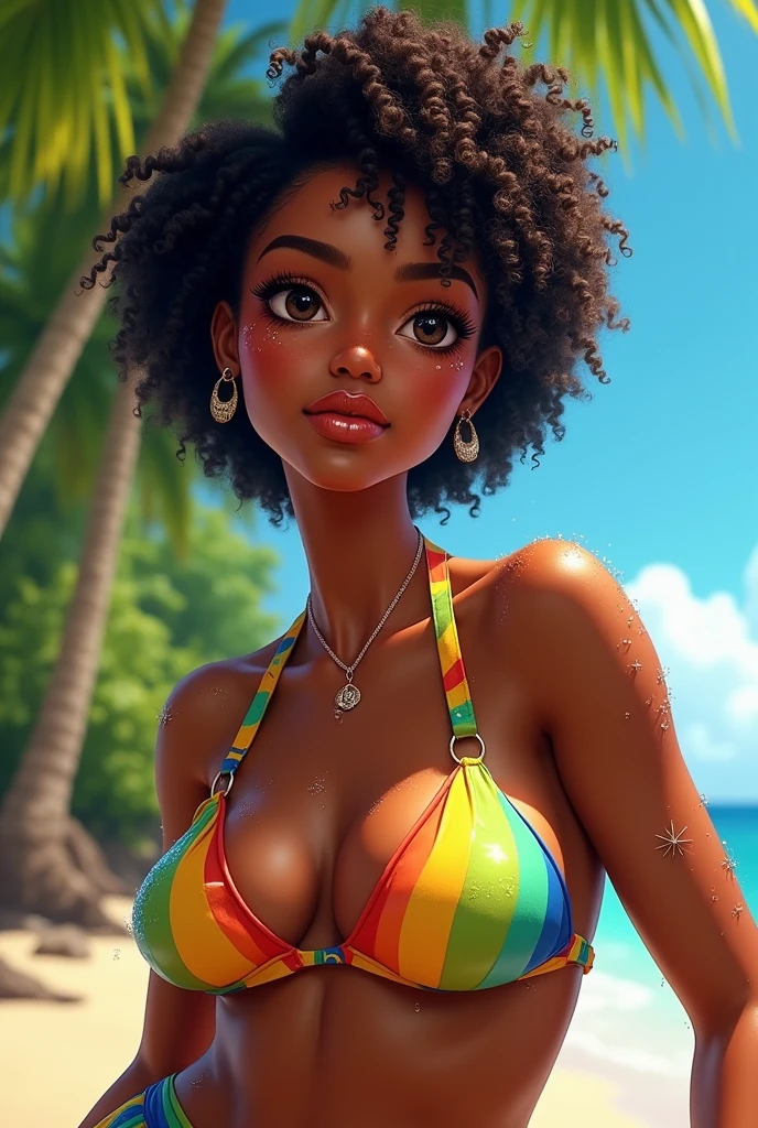 Beautiful Black Girl in a Swimsuit with Curly Hair
