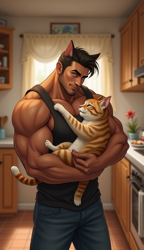 Caricature, handsome man, smiling, semi-realistic, huge muscles, shirtless, topless, muscles ,huge pectoral, holding a cat, white background