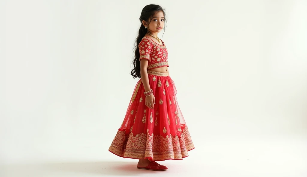 Kerala girl age 7, wearing red gown with yellow decoration