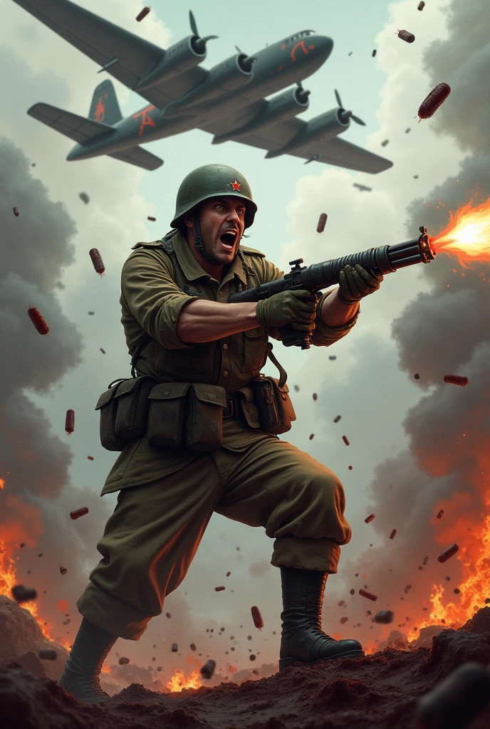 (Extreme Detail CG Unity 8K papel de parede, obra-prima, alta qualidade), (Exquisite lighting and shade, highly dramatic image, cinematic lens effect), Guerra mundial, Tanques de guerra atirando, minas de solo explodindo, An atomic explosion in the distance, fighter planes dropping bombs --auto