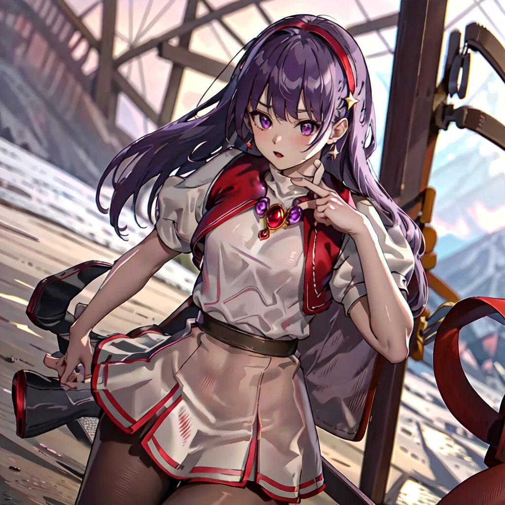 (masterpiece), (best quality), (ultra-detailed), intricate detail, athena97, 1girl, solo, purple eyes, purple hair, long hair, white earrings, red hairband, star hair ornament, medium breats, red vest, white turtleneck, white puffy sleeves, short sleeves, White pleated skirt, (Beige pantyhose:1.2), pantyhose, white gloves, White sneakers, (outdoors), photography, detest, sunny, nsfw, cowboy shot, blurry background, street background,