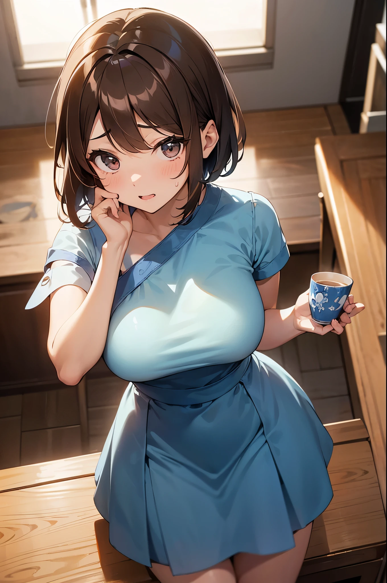 Anime girl in blue dress holding a cup of coffee - SeaArt AI