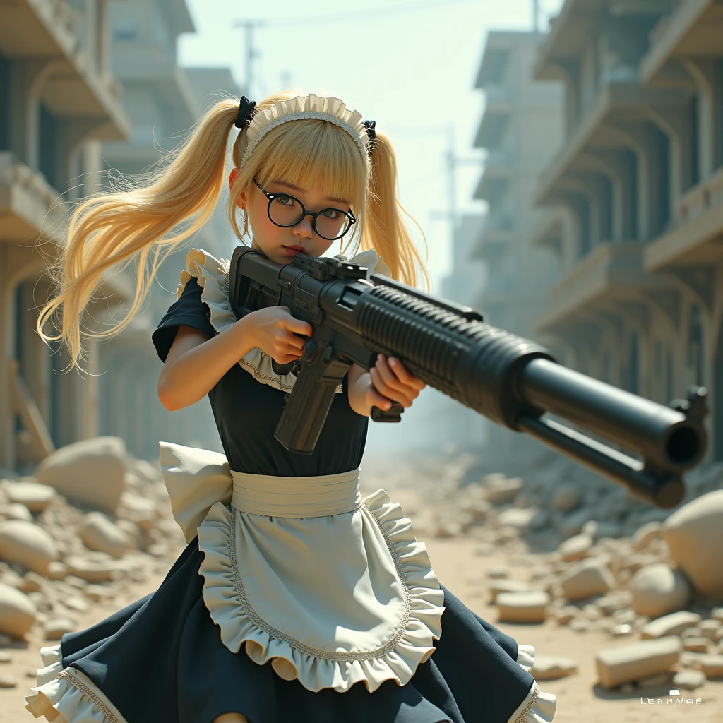 A girl in a pigtails hairdo looking like a teenager in a floral dress ,but she's holding a big and massive and big Bazooka pointing in a specific direction. , her skin are like in a aliens , she's in a battlefield, 