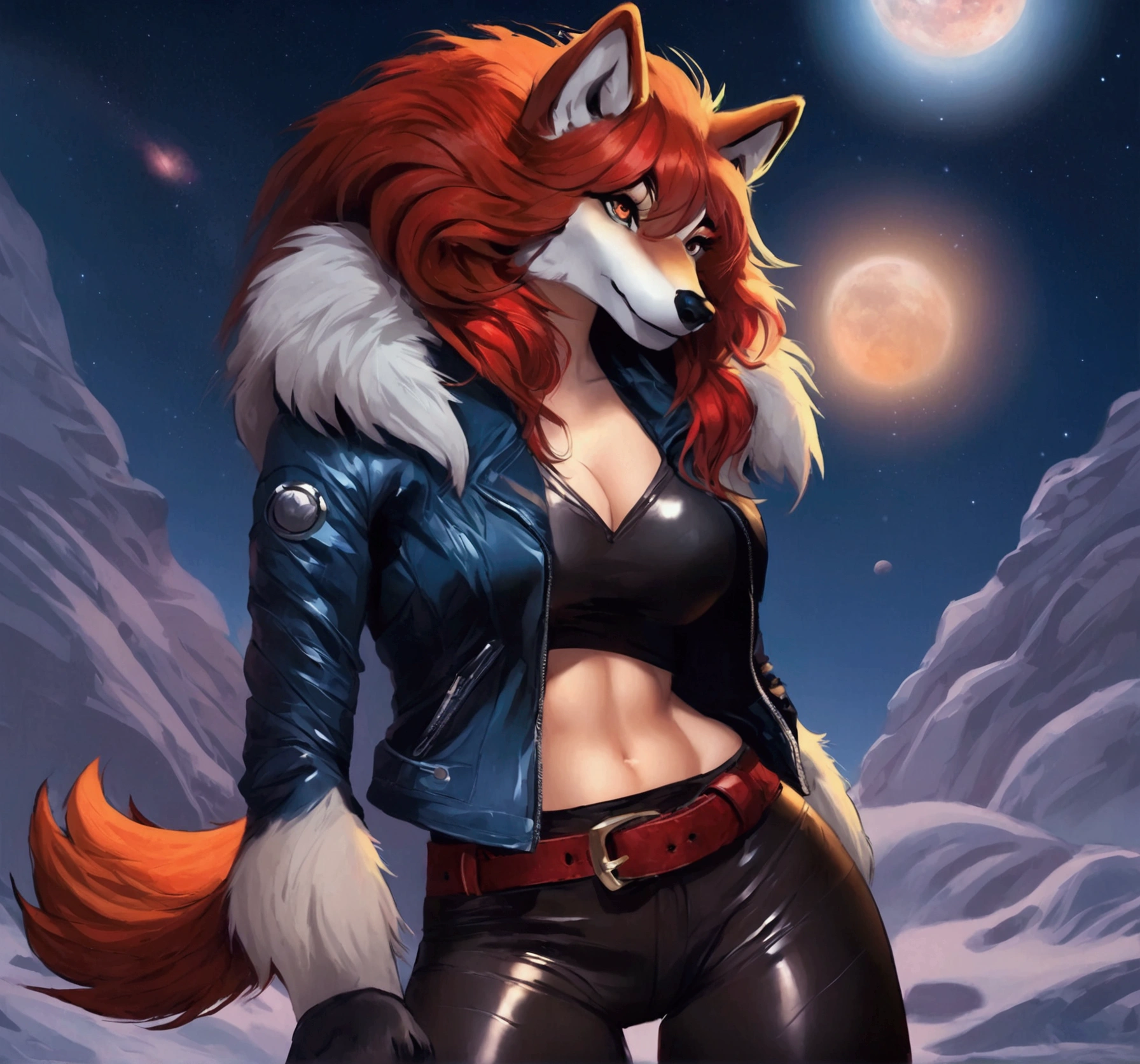 1 Woman, solo, masterpiece, wolf Lady, furry, anthro, body fur, wolf tail, outdoors, scenery, Space, leather jacket, leather pants, belt, Red hair, dark blue eyes. body, thick, thick thighs