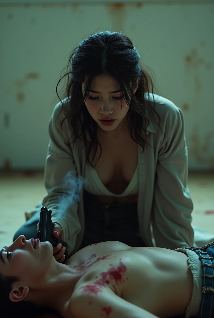 korean girl, (behind  naked, holding knife), black surgical mask, black gloves, room , black raincoat, trucker hat, holding knife, black gloves, woman on top, behind , blood splatter, on the bed, mass murderer, killer, low ponytail, blood splatter, dark atmosphere, cinematic lighting, atmospheric realistic, light from the window, close-up,
