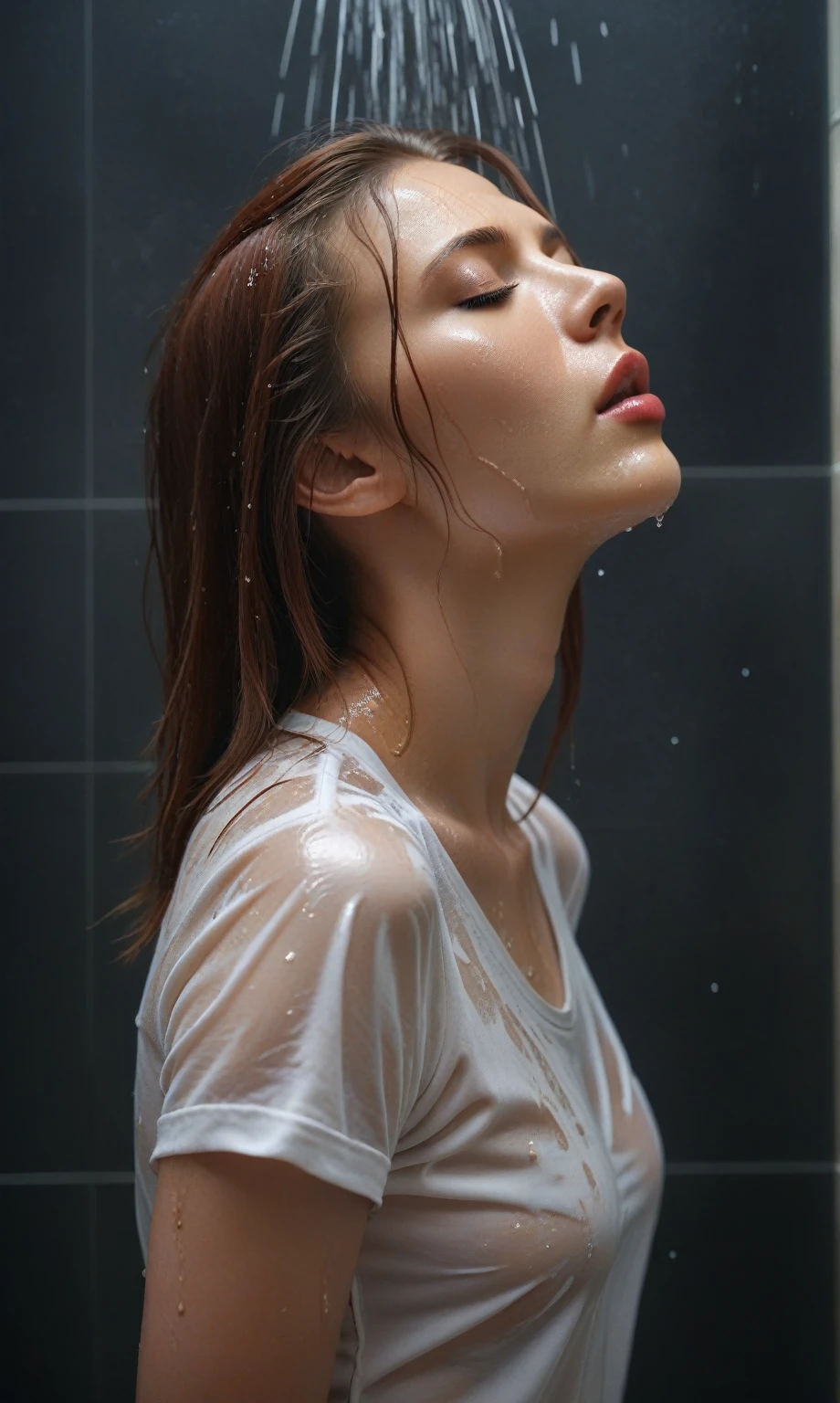 score_9, score_8_up, score_7_up, score_6_up, photorealistic, from side, professional photo, Scarlett Johansson, taking a shower, wet white shirt, (wet hair), standing, head thrown back, eyes closed, mouth slightly open, drops running down face, drops on lips, wet body, erotic photo, black background, depth of field, bokeh