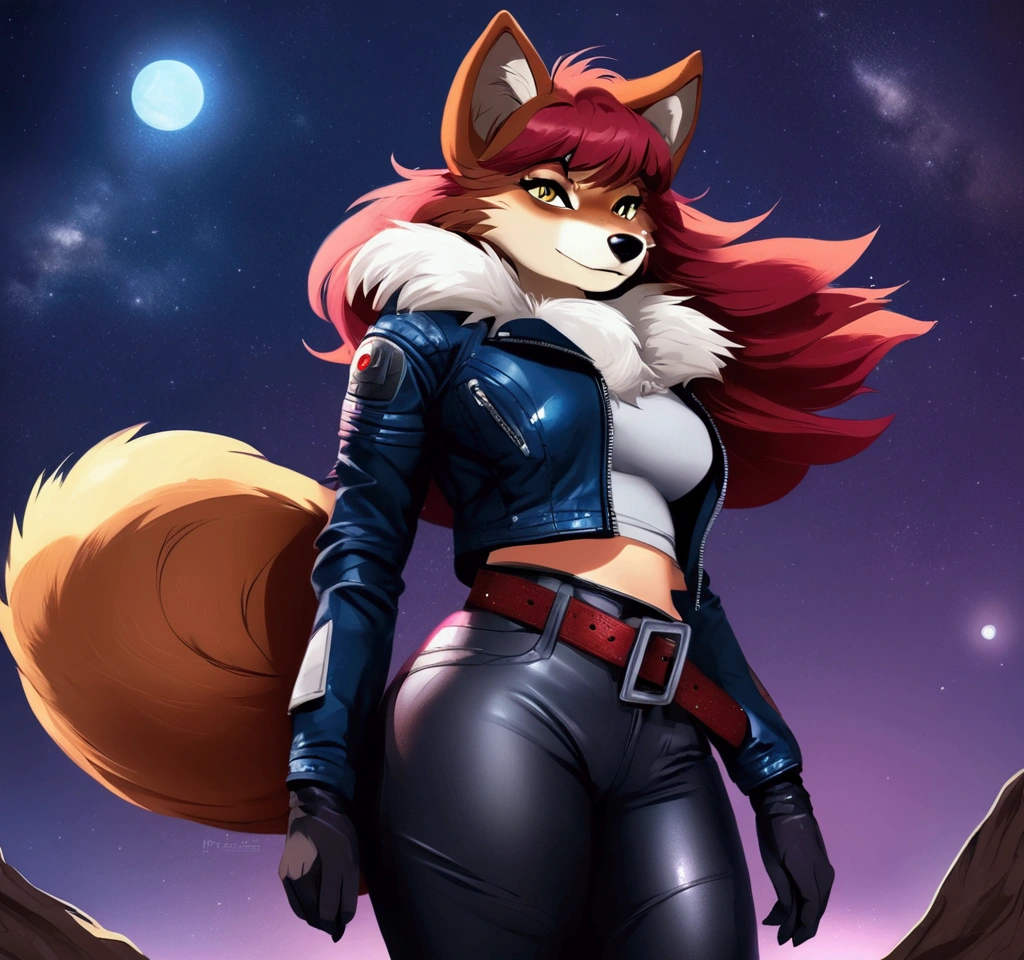 1 Woman, solo, masterpiece, wolf Lady, furry, anthro, body fur, wolf tail, outdoors, scenery, Space, leather jacket, leather pants, belt, Red hair, dark blue eyes. body, thick, thick thighs, Cleavege