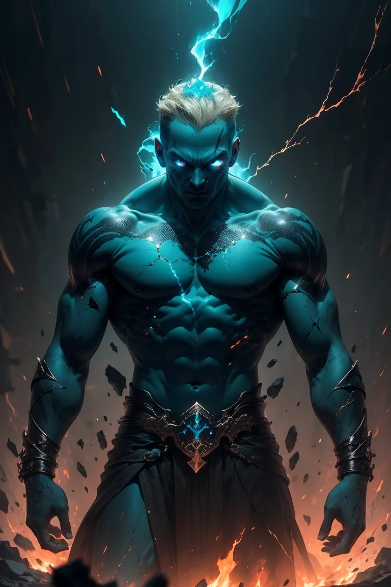 (masterpiece, realistic, best quality, beautiful and aesthetic, extremely detailed), (dark fantasy:1.4) (rough 30 years old male dark mage, short blond hair, blue eyes), (body covered in runic tattoo, (glowing cracks, cracked skin, shattered skin, fractured skin, broken skin)), sleeveless, ((detailed glowing eyes, casting spell)), (in underworld, hell, dark scene), dynamic pose, (dark teal theme:1.3), (teal energy magic swirling around:1.3), cinematic lighting, r1ge, teal blue glow, cracks, runes, detailed face, (detailed weathered skin), (solo:1.3), (1male:1.4), (elegant, intricate, digital photography, high quality, CG, 4k, extremely detailed, sharp, HDR),