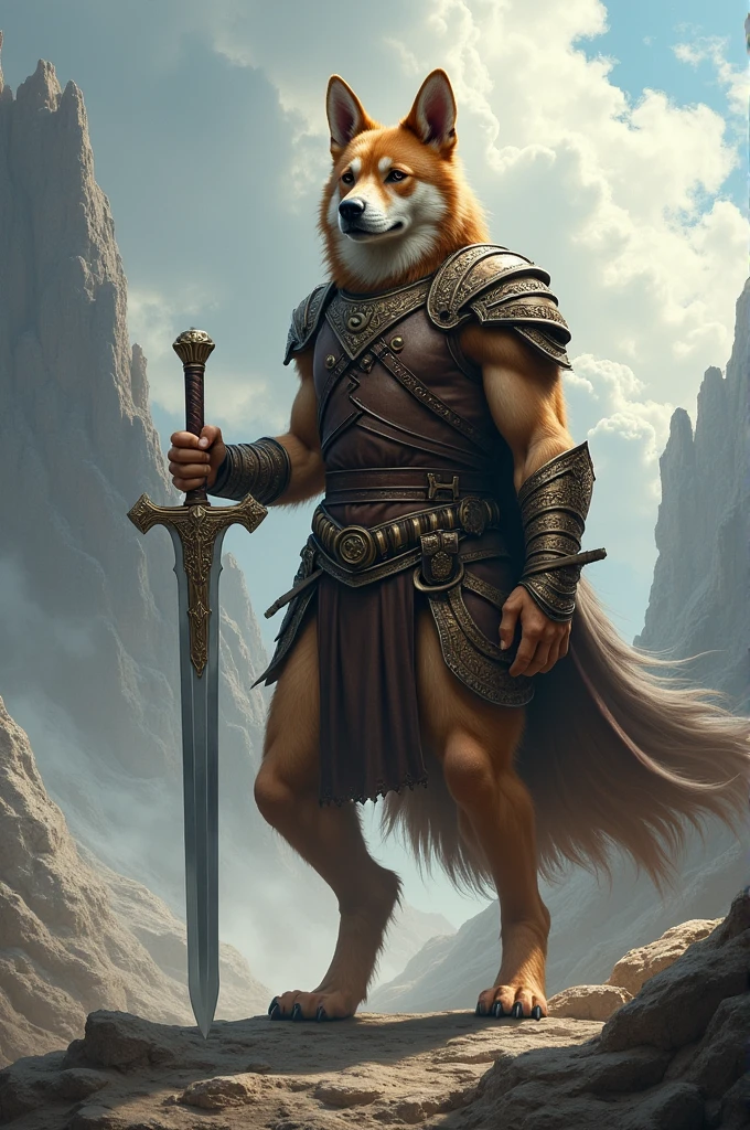 Solo Sexy anthro furry wolf male; ancient Mediterranean desert warrior; slim mesomorph handsome model apperance apperance; boy's messy short hair headband; sexy toned muscules; sword scars; worn out rusty sexy skimpy armament. He has low on hips heavy leather studded heavy belt. he has narrow in the crotch very old worn out jockstrap (smelly jockstrap fetish); His jockstrap it is made of old white linen material sewn together from a few pieces, it has never been washed, it is dirty and has stains from secretions of dried semen and sweat; His armor is old heavy brown harness with armlets studded with spikes; he has old brown leather BFR Bands on Biceps and his thighs, he has old worn out fingerless leather gloves. Even though he is a handsome and sexy man, he has a sloppy appearance, has disheveled unwashed dirty fur, dirty body look. He stands proudly bravely with one foot on a higher stone in the Mediterranean sunny pine forest; he has a proud, threatening and defiant expression on his face, with little dirty dangerous smile;