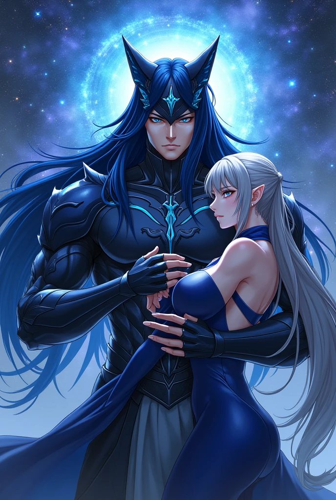 Dibuja a un chico de clear skin pelo blanco, Red eyes, with white werewolf characteristics. He wears leather armor with gray wolf fur., muscular and with tattoos on his torso.

Then there is a girl who is an aquatic dragon, with blue eyes, clear skin, aquatic ears, maritime dragon tail, a light blue bordered dress, aquatic dragon horns. that they are kissing.